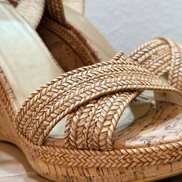 Stuart Weitzman 'Minx' Espadrille Wedge Sandal in Camel Laniard - Picture 2 of 4